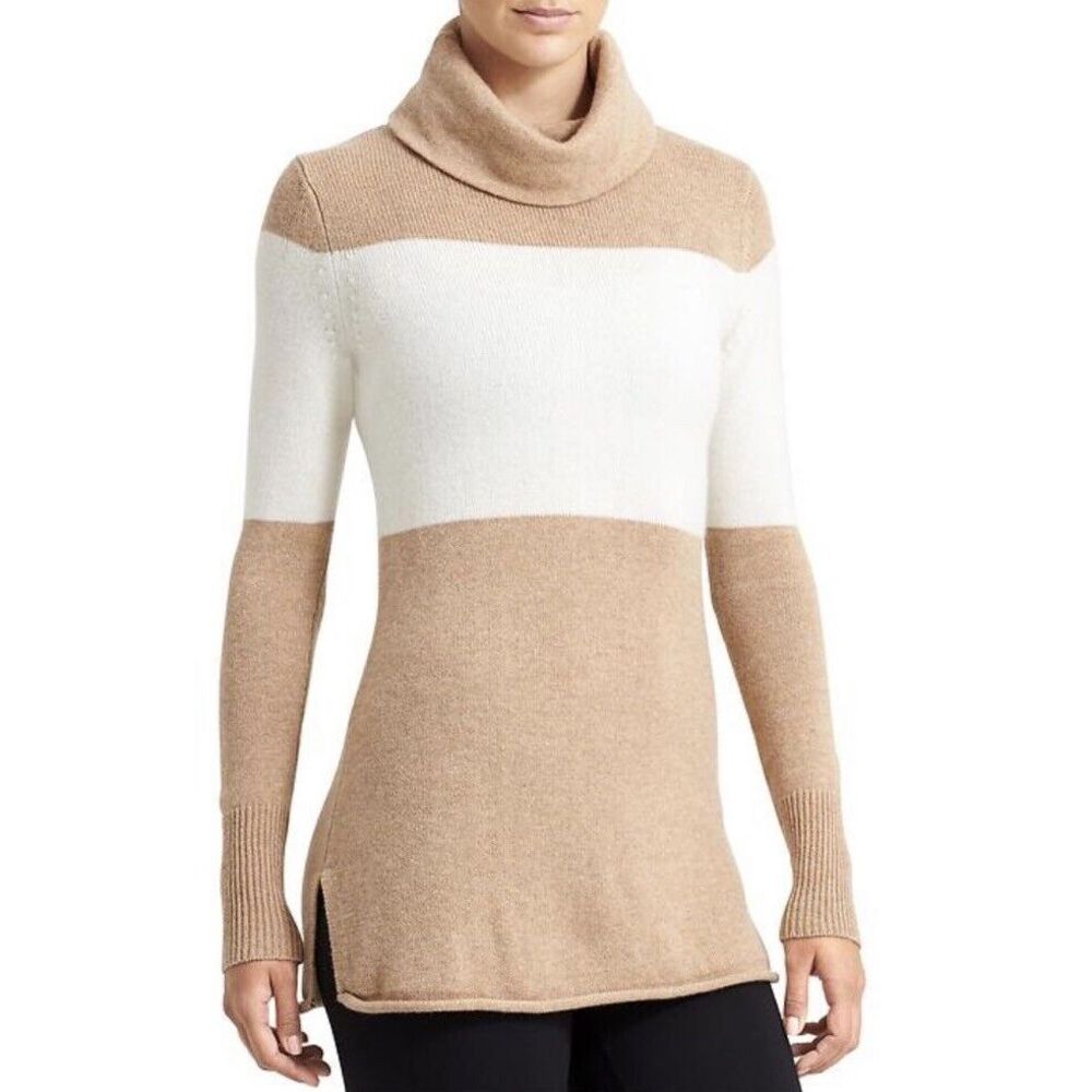 Athleta Women's XS 100% Cashmere Chalet Turtleneck Sweater Camel Cream Cowl